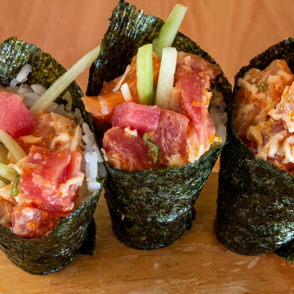 Three seaweed hand rolls filled with sushi rice, diced raw fish, creamy sauce, and cucumber strips on a wooden board.
