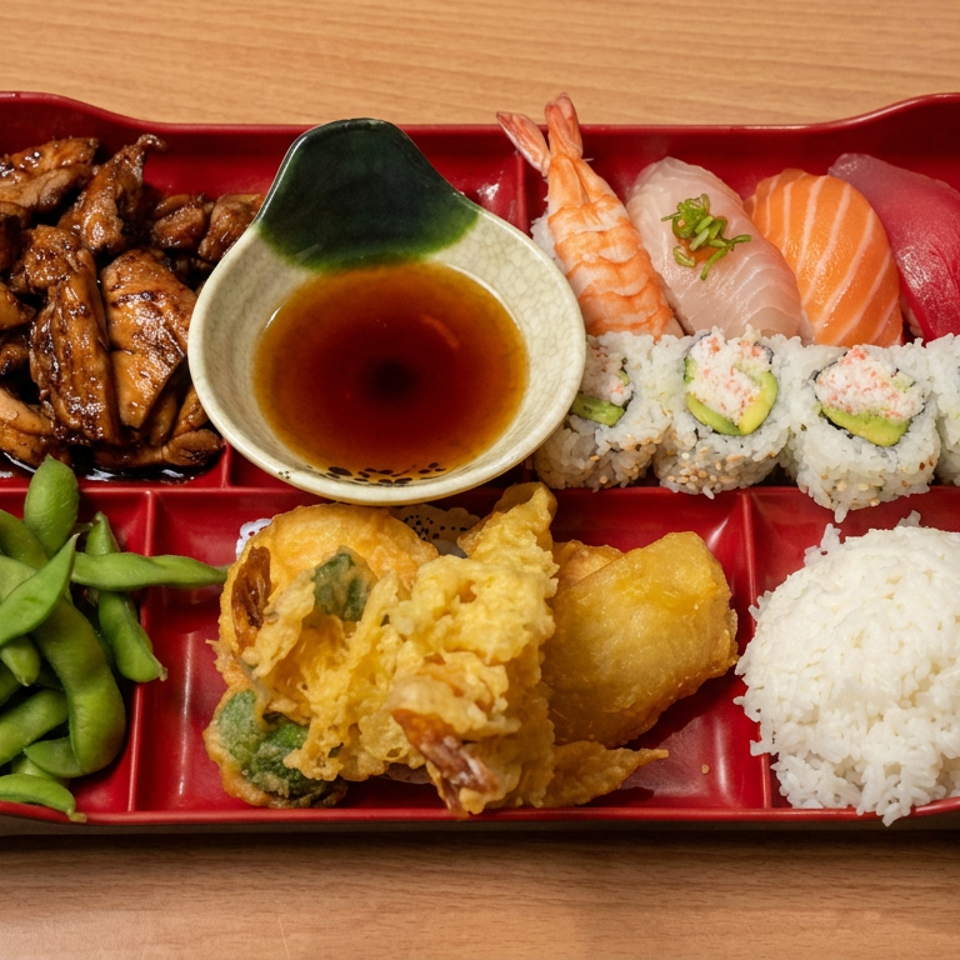 Japanese bento box with sushi, teriyaki chicken, tempura, edamame, dipping sauce, and steamed rice on a wooden table.