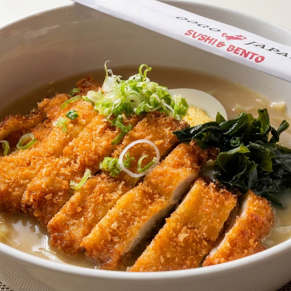 Bowl of crispy breaded chicken over rice, topped with green onions and seaweed, alongside a sushi and bento menu.