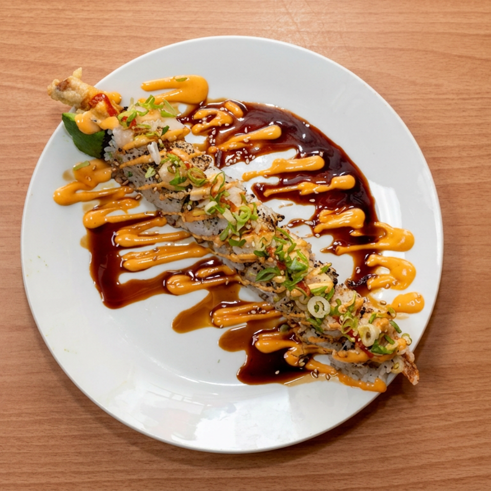 Sushi roll topped with fried garnish, green onions, sesame seeds, spicy mayonnaise, and dark sauce on a white plate.