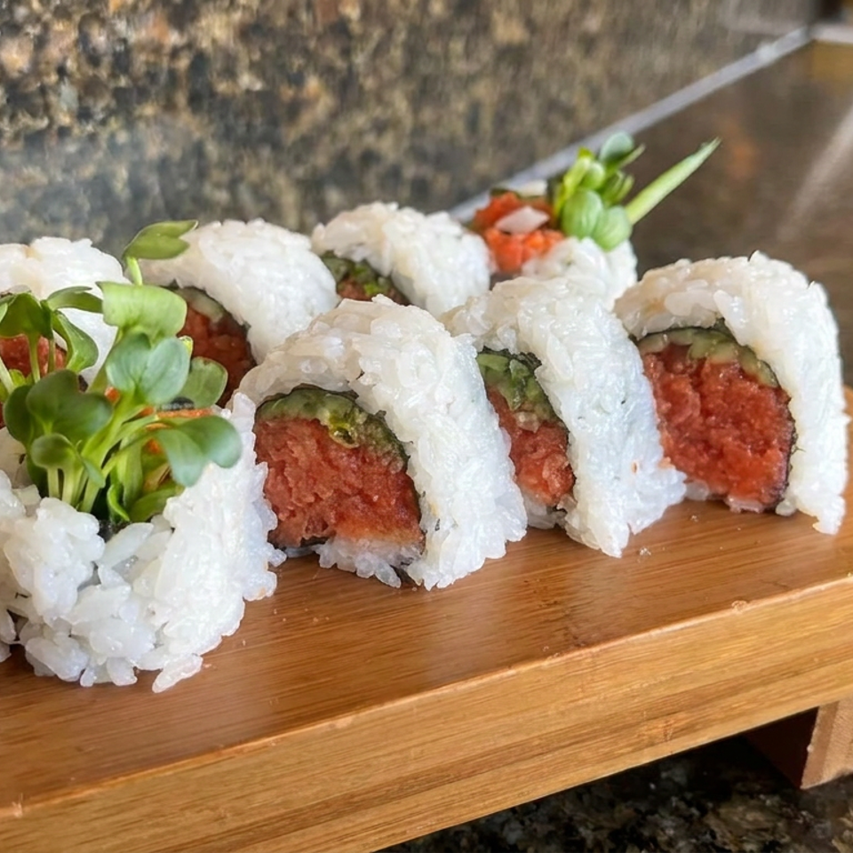 Sushi rolls filled with red fish and greens, topped with microgreens, arranged on a wooden serving board in a restaurant.