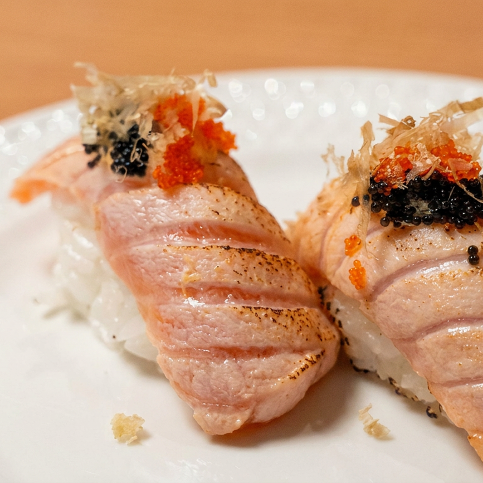 Two seared duck nigiri sushi pieces topped with orange and black roe and crispy shredded garnish on a white plate.