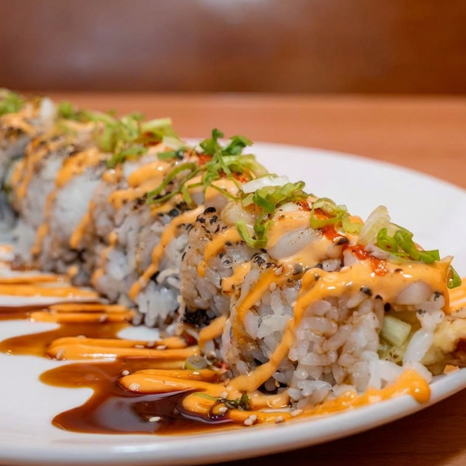 Sushi roll topped with spicy orange sauce, green onions, sesame seeds, and drizzled sauces on a white plate.