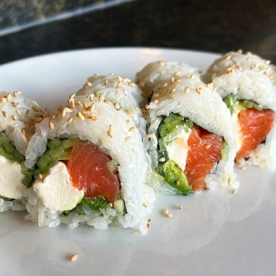 Close-up of sushi rolls filled with salmon, avocado, and cream cheese, topped with sesame seeds on a white plate.