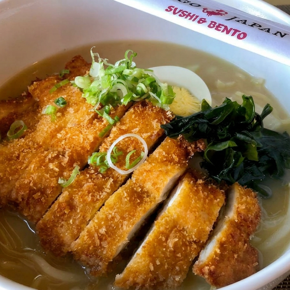 Bowl of crispy golden tonkatsu slices in broth, topped with scallions and seaweed.