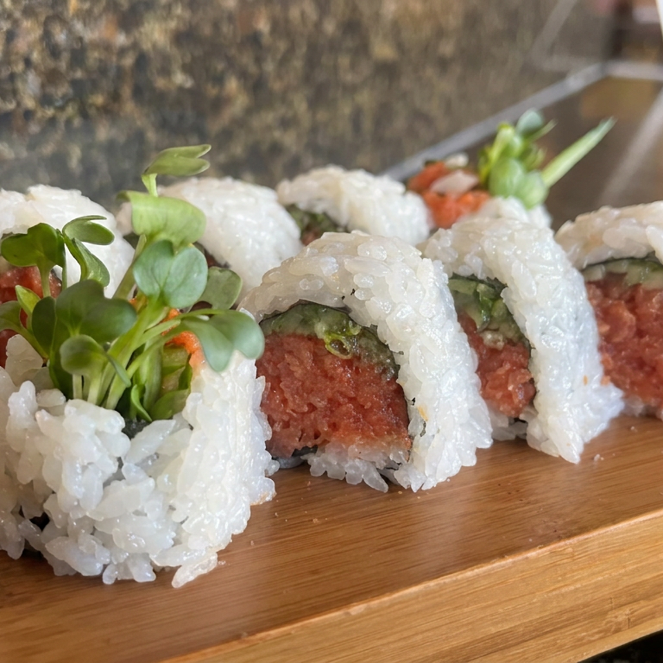 Sushi rolls filled with tuna and vegetables, topped with microgreens, arranged on a wooden serving board.