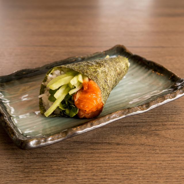 Spicy Salmon Hand Roll.